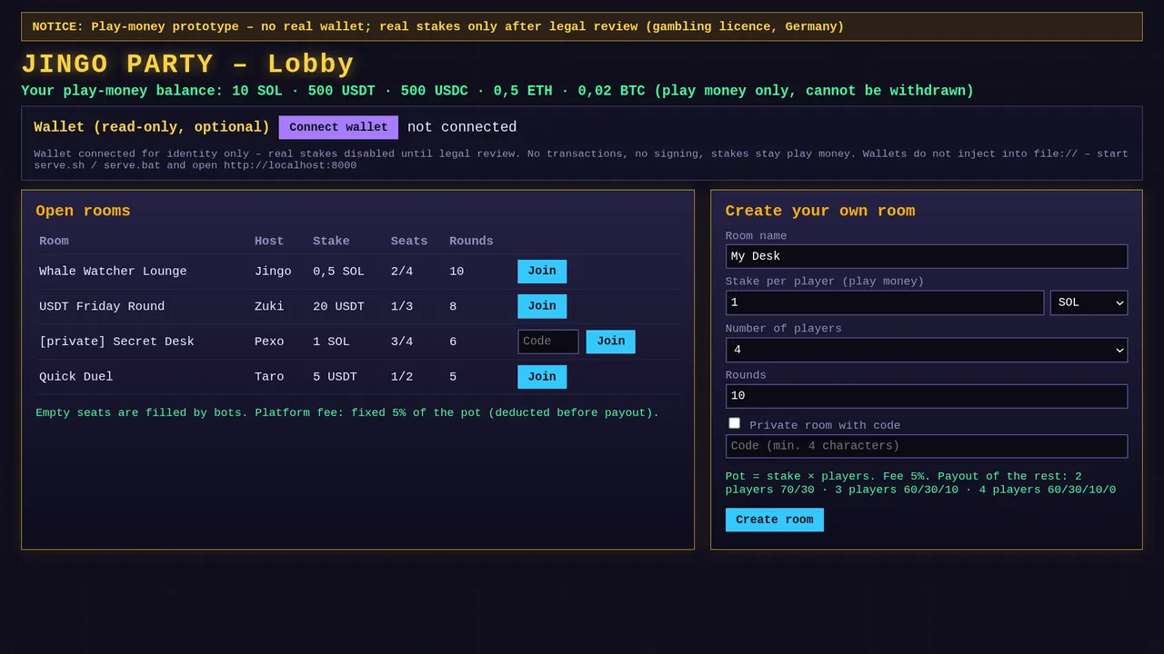 Lobby in the demo with room list