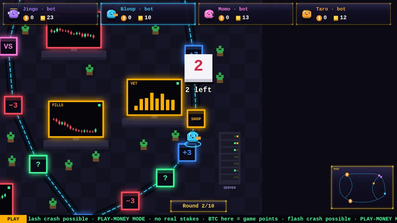 The Jingo Party board in action: players on the neon trading-desk paths with the whale radar
